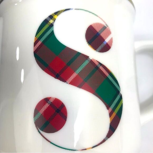 Pottery Barn White Red Stewart Plaid Alphabet Monogram S Stoneware Holiday Mug - Picture 5 of 13
